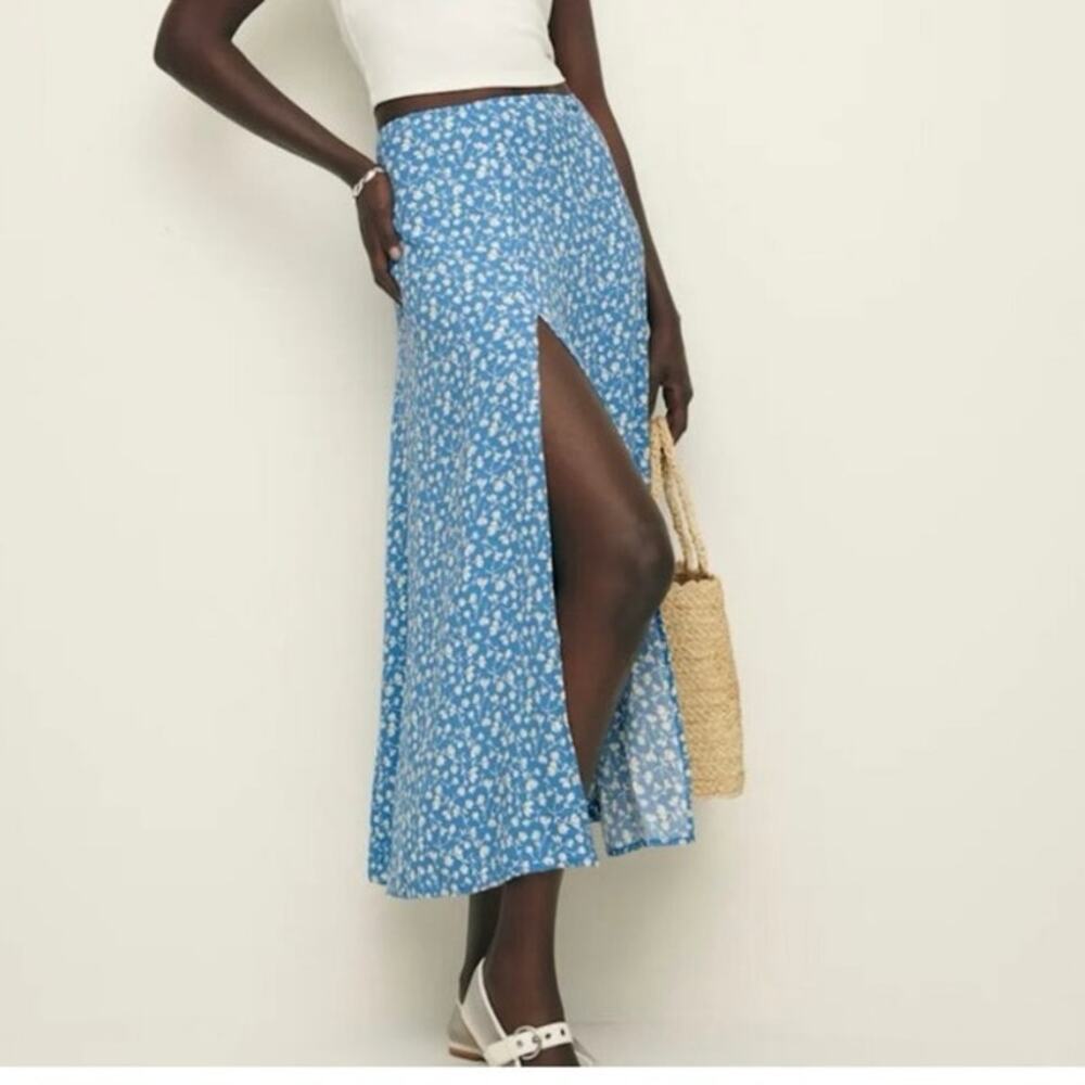 Reformation Blue Floral Midi Skirt with High Side Slit